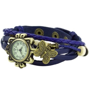 Leder Armbanduhr Schmetterling VINTAGE blau   im Organza Beutel