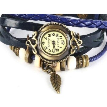 Leder Armbanduhr  VINTAGE  blau  im Organza Beutel