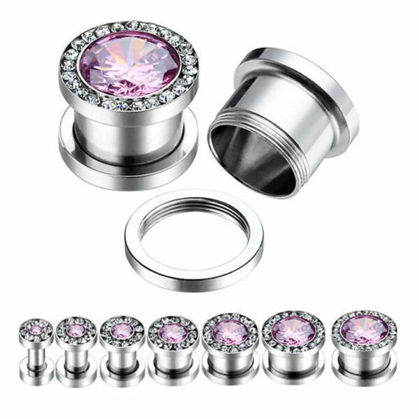 Expander / Plug  Zirkonia rosa Strass 316 L  Edelstahl  3  mm - 12 mm 10 mm