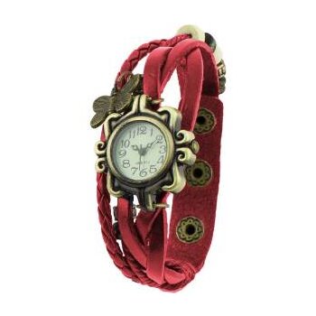 Leder Armbanduhr Schmetterling VINTAGE rot   im Organza Beutel