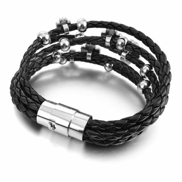 ECHT Lederarmband Glcksklee &  Edelstahl Perlen mit Strass schwarz  im Organza Beutel 18 cm Lnge