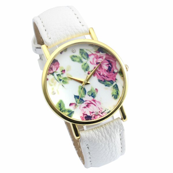 Damen Armbanduhr vintage Rosen mit Zirkonia Gelbgold PU Leder wei