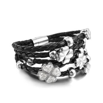 ECHT Lederarmband Glücksklee & Edelstahl Perlen mit Strass schwarz   15 cm Länge