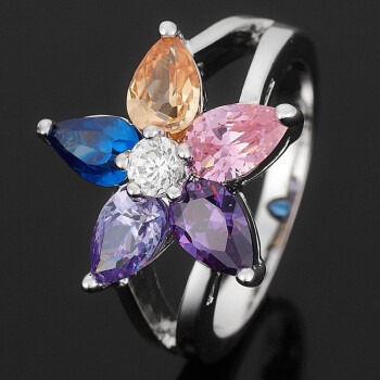 Ring Blüte Amethyst, Saphir, Tansanit & Topas vergoldet im Etui