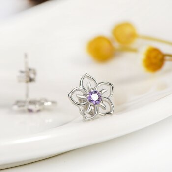 1 Paar Ohr Stecker  Hibiskus Blüte Amethyst 925  Silber  im Etui