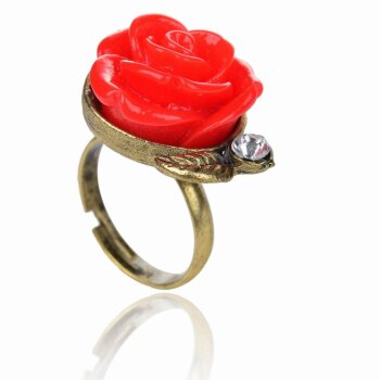 Ring  Rosenblüte rot  mit Strass antik gold