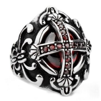 Siegel Ring Kreuz Rubin 316L  Edelstahl  im Etui