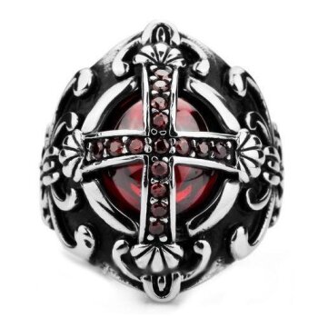 Siegel Ring Kreuz Rubin 316L  Edelstahl  im Etui