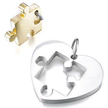 Partnerketten Puzzle gold mit Herz silber Edelstahl inkl. Ketten im Etui GRAVUR OPTION