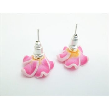 1 Paar FIMO Blüten Ohrstecker weiß pink orange  im weißen Organza Beutel