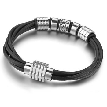 ECHT Lederarmband schwarz Unisex Edelstahl Perlen  im...