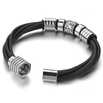 ECHT Lederarmband schwarz Unisex Edelstahl Perlen  im Organza Beutel