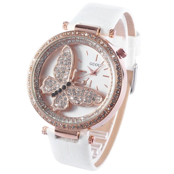 Damen Armbanduhr 3D Schmetterling mit Zirkonias  Rosegold wei