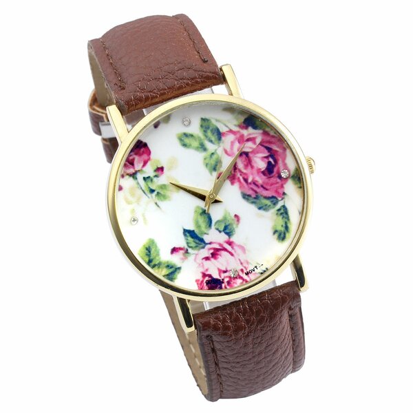 Damen Armbanduhr vintage Rosenblten mit Zirkonia Gelbgold PU Leder braun