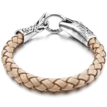 Armband Drache ECHT LEDER Flecht Optik  beige / sand  316 L  Edelstahl