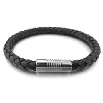 Armband ECHT LEDER geflochten schwarz 316 L Edelstahl...