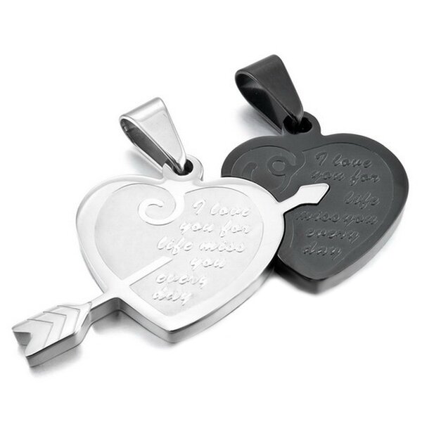 Partnerketten Herz I LOVE YOU FOR LIFE  Edelstahl schwarz silber inkl. Ketten im Etui GRAVUR OPTION