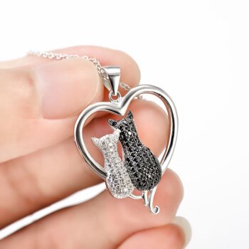 Anhänger Herz KITTY Love Katzen aus 925 Silber mit Zirkonias klar & schwarz pave inkl. Gliederkette im Etui