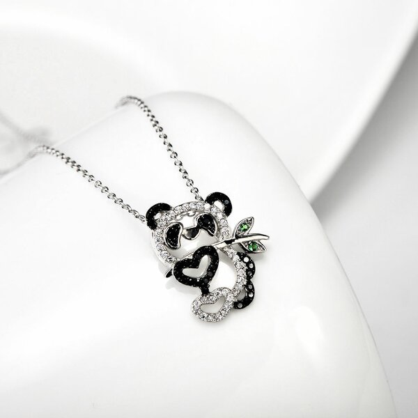 Anhnger Panda Br 925 Silber mit Zirkonias grn, klar & schwarz pave  inkl. Gliederkette im Etui