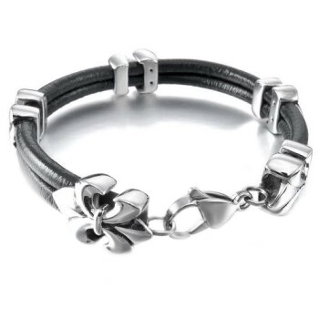 Armband Fleur des Lis 316 Edelstahl Echt Leder schwarz