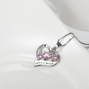 Anhänger Herz " Love you More " mit 3 Herz Zirkonien rosa aus 925 Silber inkl. Kette im Etui Gravur Option