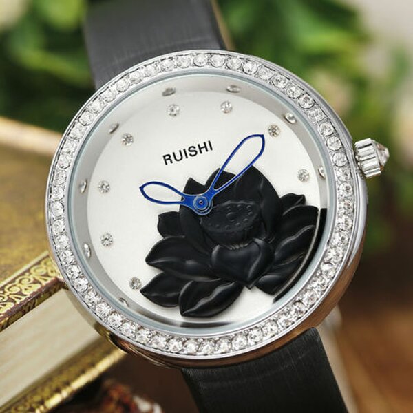 Damen Armbanduhr 3D Lotus Blte mit Zirkonien silber schwarz