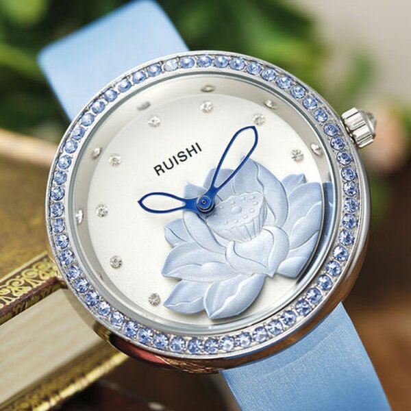 Damen Armbanduhr 3D Lotus Blte mit Zirkonien silber blau